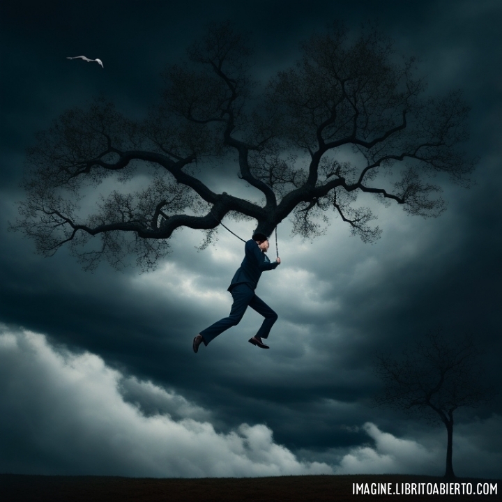 imagen surrealista de hombre volando agarrado a un arbol