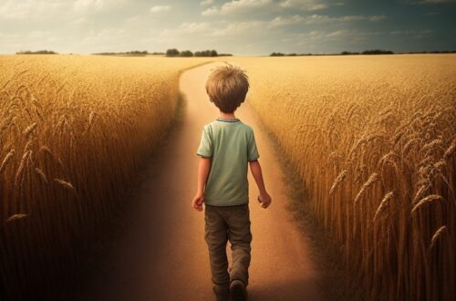Imagen surrealista de niño caminando por camino entre trigales