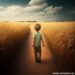 Imagen surrealista de niño caminando por camino entre trigales