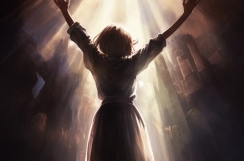 Imagen surrealista de niña con brazos en alto hacia un rallo de luz