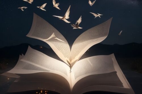 imagen surrealista de libro, sus páginas se convierten en pájaros