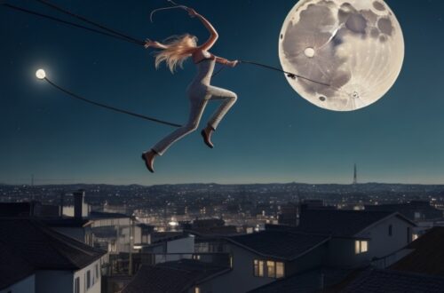 imagen surrealista de mujer que quiere atrapar la luna con un soga