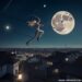 imagen surrealista de mujer que quiere atrapar la luna con un soga