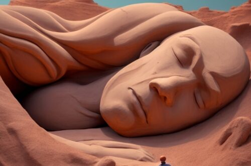 imagen surrealista, hombre de piedra dormido