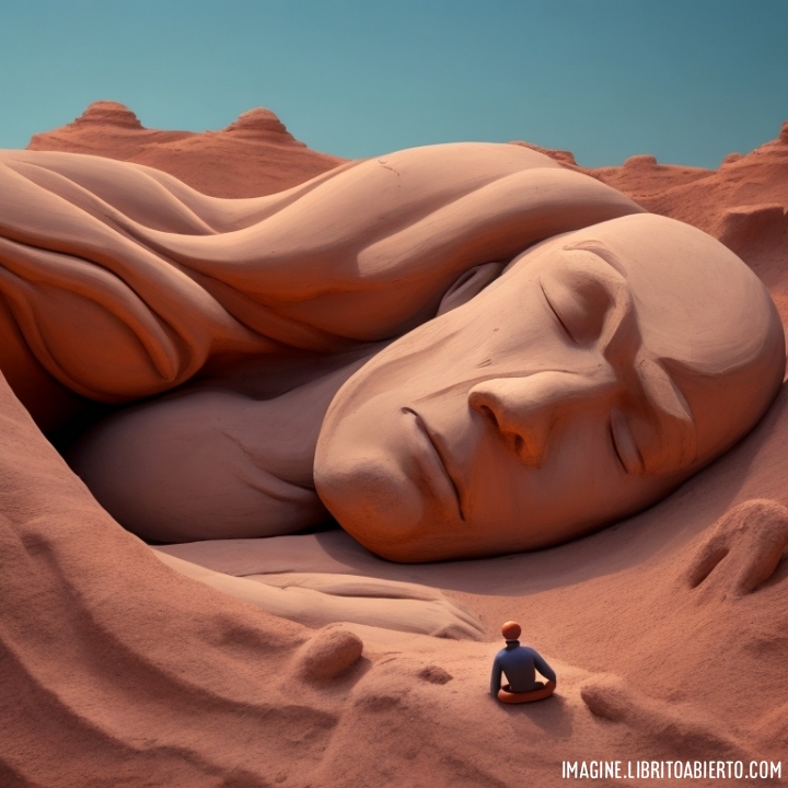 imagen surrealista, hombre de piedra dormido