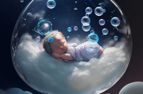 imagen surrealista de bebe dormido dentro de una pompa de jabón